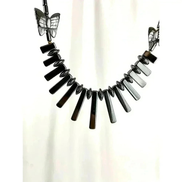 Gray Butterfly Beaded Hematite Stone Graduated Fan Sticks Collar Necklace 16" - Picture 12 of 13